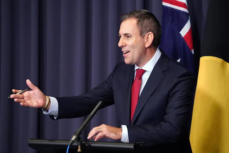Federal Treasurer Jim Chalmers speaks to media during a press conference