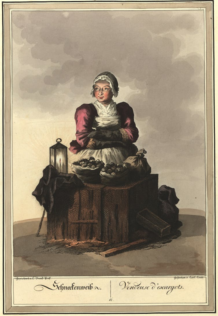 Colour etching: a woman at a market stall with baskets of snails.