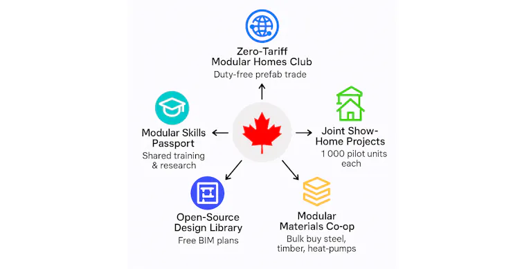 A graph of a Canadian flag with arrows point outwards to bubbles labelled with each of the five numbered items discussed in this section