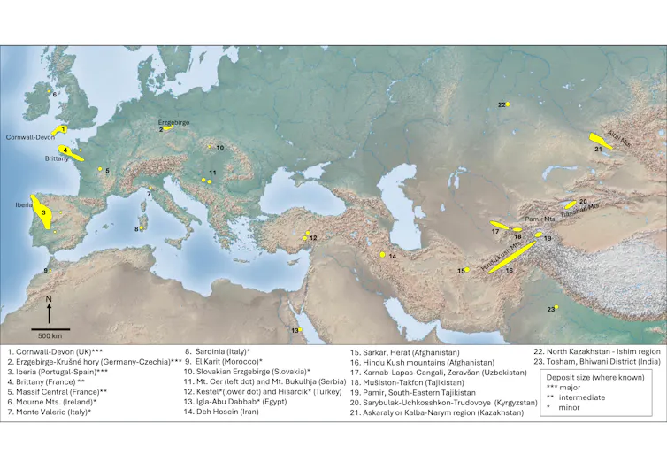 Major and minor tin-ore deposits in Europe, north Africa and western and central Asia (figure by Alan Williams).
