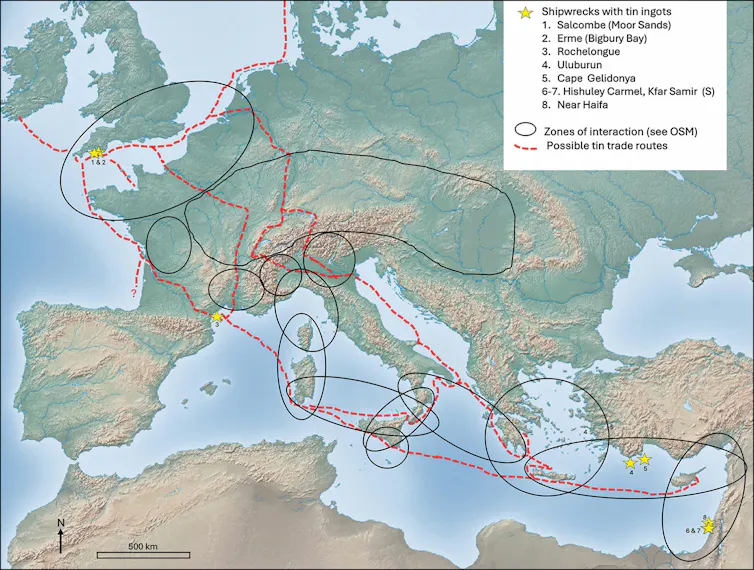 Possible down-the-line trade routes from south-west Britain to the eastern Mediterranean around 1,300BC.