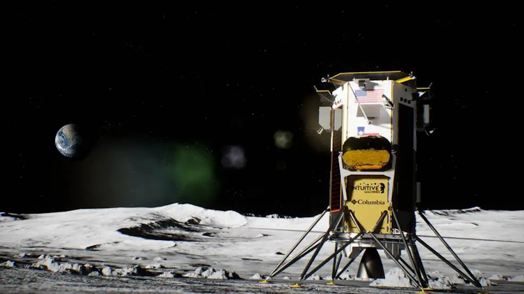 An illustration of a lander, a rectangular machine on triangular legs, on the lunar surface.
