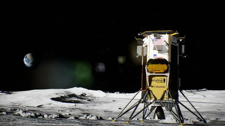 An illustration of a lander, a rectangular machine on triangular legs, on the lunar surface.