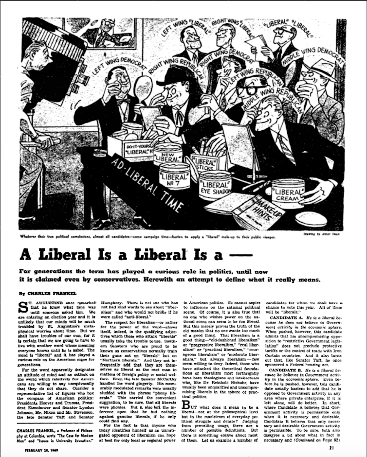 A page from the New York Times with a cartoon lampooning liberals, over a story headlined 'A Liberal Is a Liberal Is a --.'
