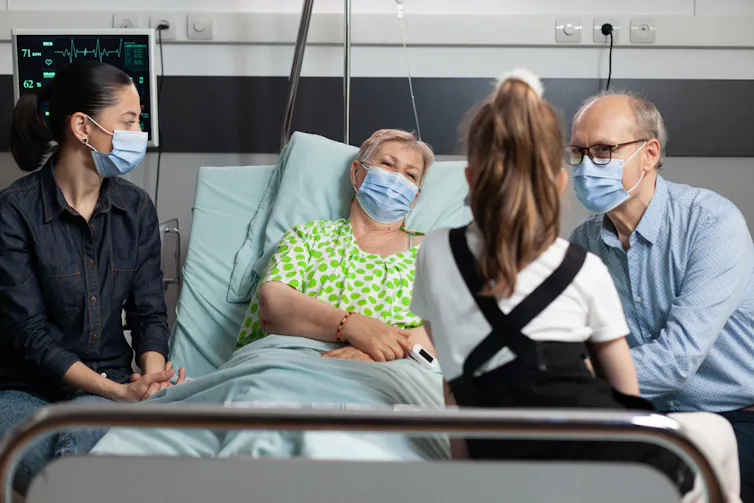 Man, woman and child visiting sick older woman in hospital, wearing masks
