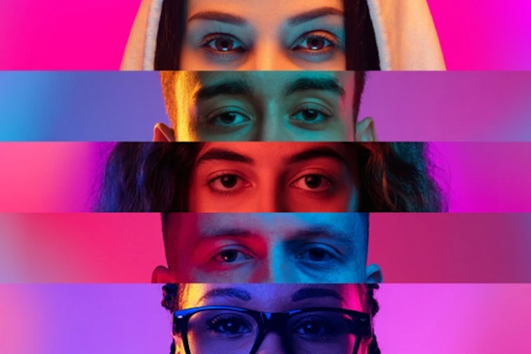 Colorful collage of the upper halves of five faces