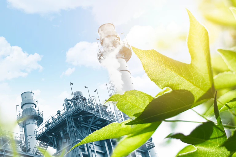 leaves and power station.