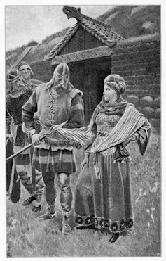 Etching of a Viking man and woman