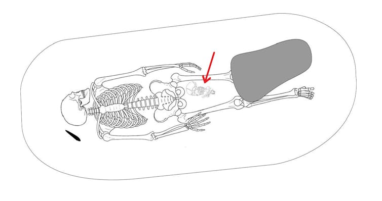 Interpretative drawing of a grave showing a woman's skeleton and the body of her child