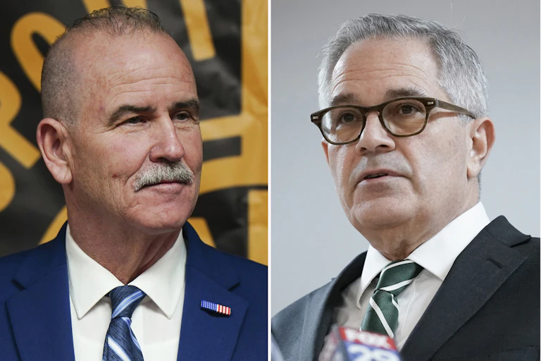 Split photo of two men dressed in suits and ties. The man on left has a mustache and the man on right is wearing glasses.