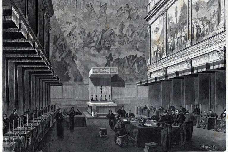 Xilografía de la sala del escrutinio en la Capilla Sixtina durante el cónclave de 1878.