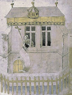 La ilustración de un hombre que va a la ventana con un paño blanco.