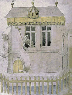 Ilustración de un hombre que sale a la ventana con una tela blanca.