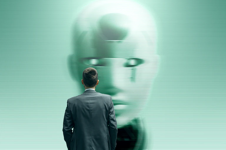 A man standing in front of a projection of a robot head