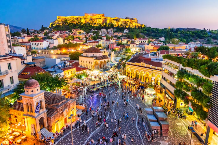 athens street scene lit up at night.