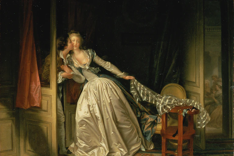 Painting of a man slipping through a doorway to kiss a woman on the cheek.