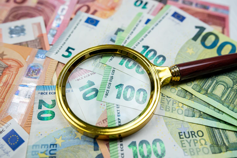 Billetes de euro bajo una lupa