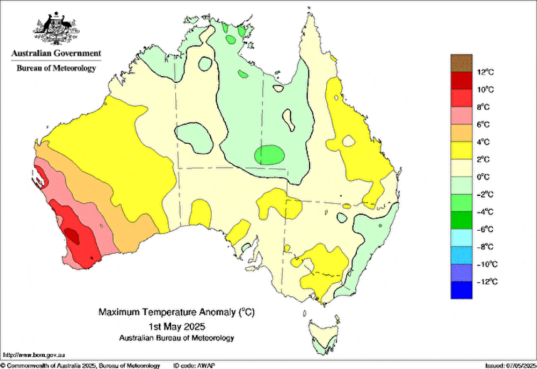 GIF of Australian daily maximum temperature anomalies for 1st to 6th May