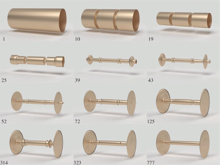 This diagram shows twelve illustrations, progressing from images of rollers to a wheel-and-axle structure.