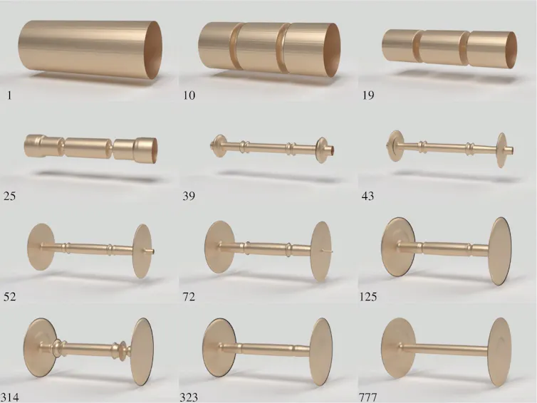 This diagram shows twelve illustrations, progressing from images of rollers to a wheel-and-axle structure.