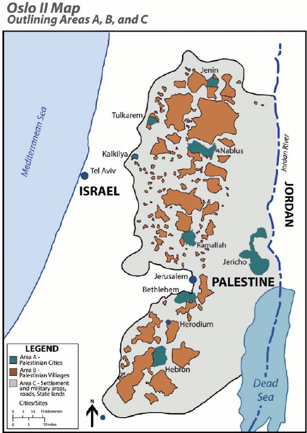 Oslo accord map showing the breakdown of control on the West Bank.