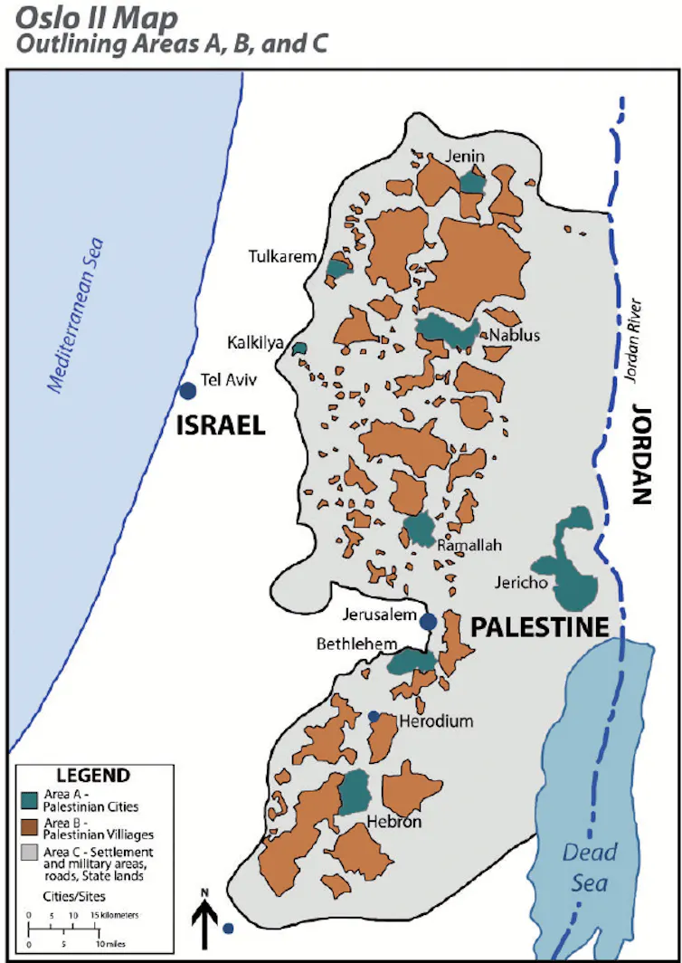 Oslo accord map showing the breakdown of control on the West Bank.