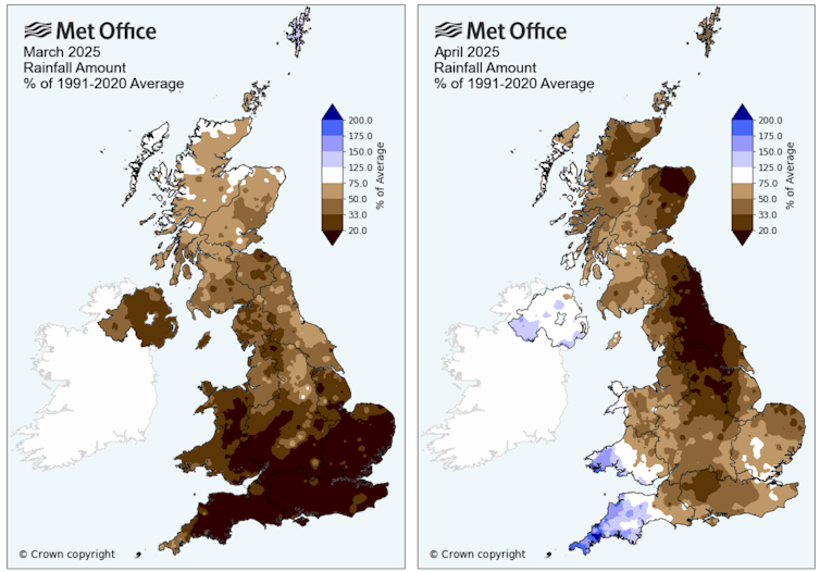 Two maps of the UK, showing mostly dark brown colours which indicate rainfall below 50% of normal.