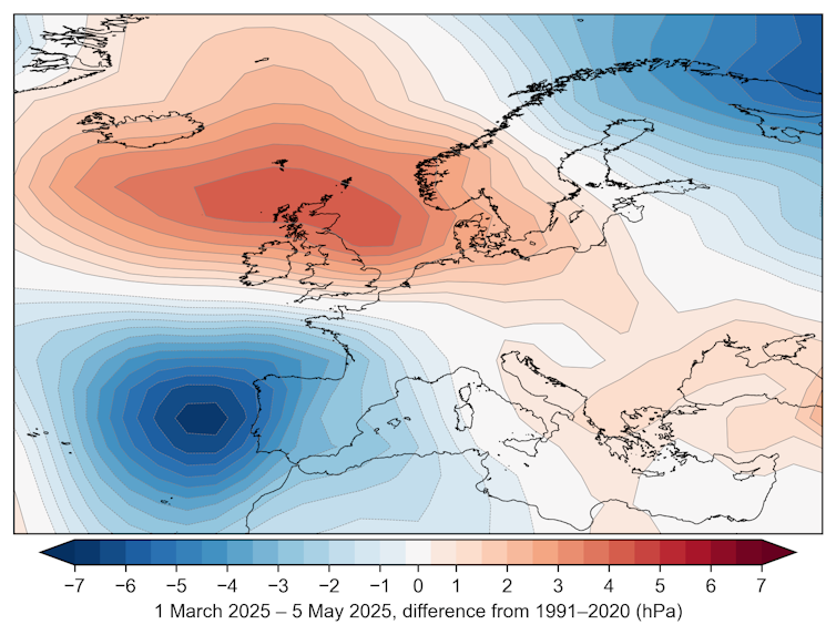 How the elements were given ‘stuck’ over the United Kingdom – and produced an surprisingly dry and heat spring 2 A map of pressure anomalies over Europe.