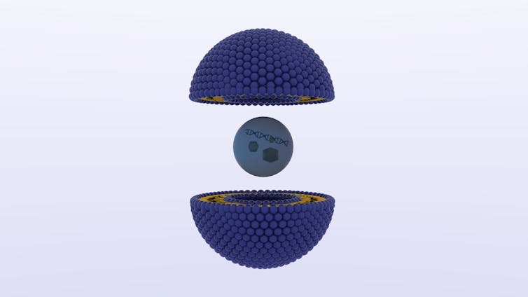Recreación de una nanopartícula con carga terapéutica en su interior.