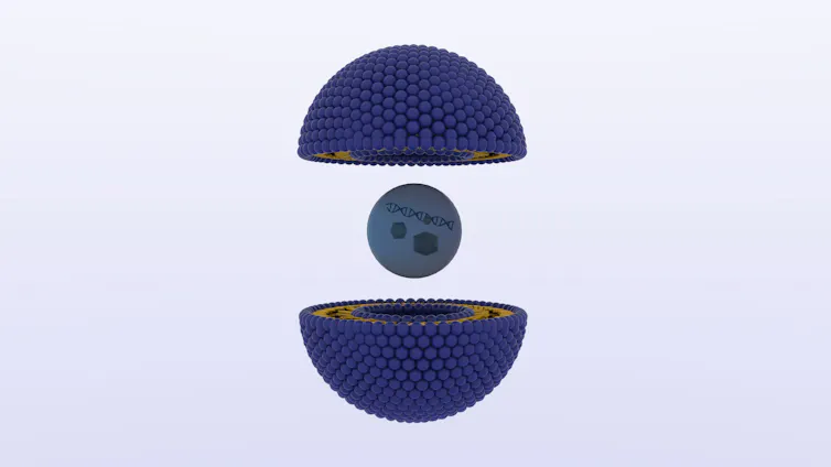 Recreación de una nanopartícula con carga terapéutica en su interior.
