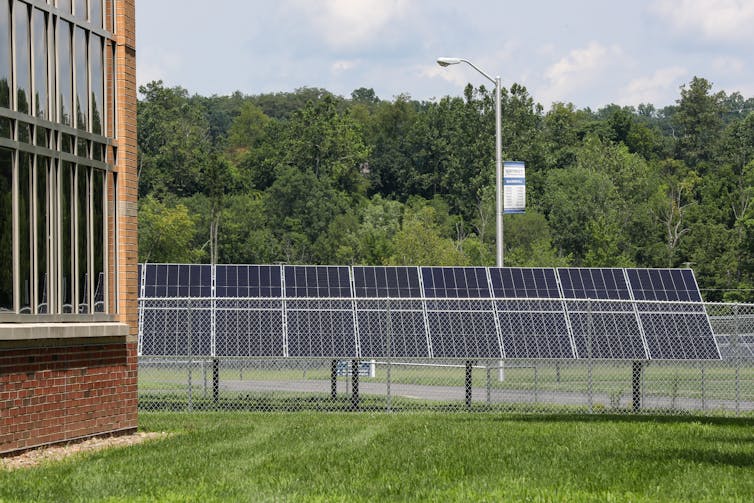 Array of solar panels behind fenced area and in front of wooded area