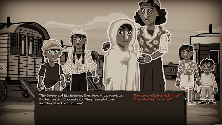 Dibujo en blanco y negro de adultos y niños en andenes de tren.