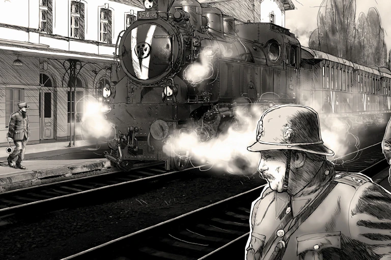 Dibujo de un tren llegando a una estación con trabajadores atentos.