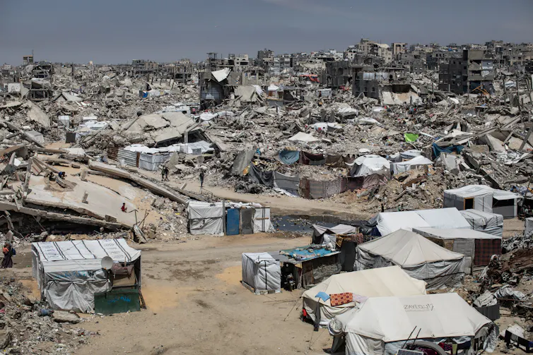 Rows of tents surrounded in rubble from airstrikes in Jabalia refugee camp, in North Gaza.