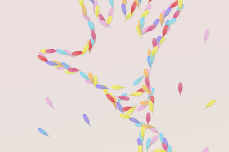 Outline of hand extending from an arm of DNA, made of colorful petals