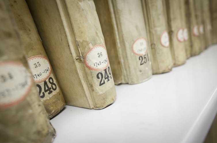 Los libros se ven en el estante.