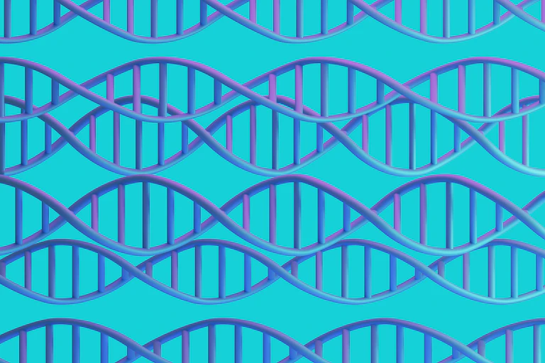 Illustration of DNA strands stretched horizontally across a blue background, some overlapping others