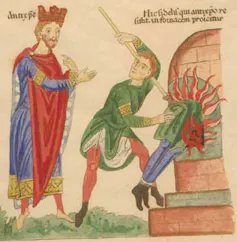 The antichrist instructs a man to put someone into a burning oven.