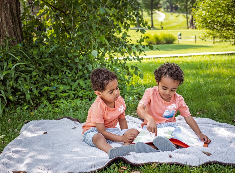 Twin boys read a book on a picnic rug.