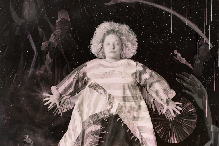 Greyscale painting, Justene seems to hover in mid-air.