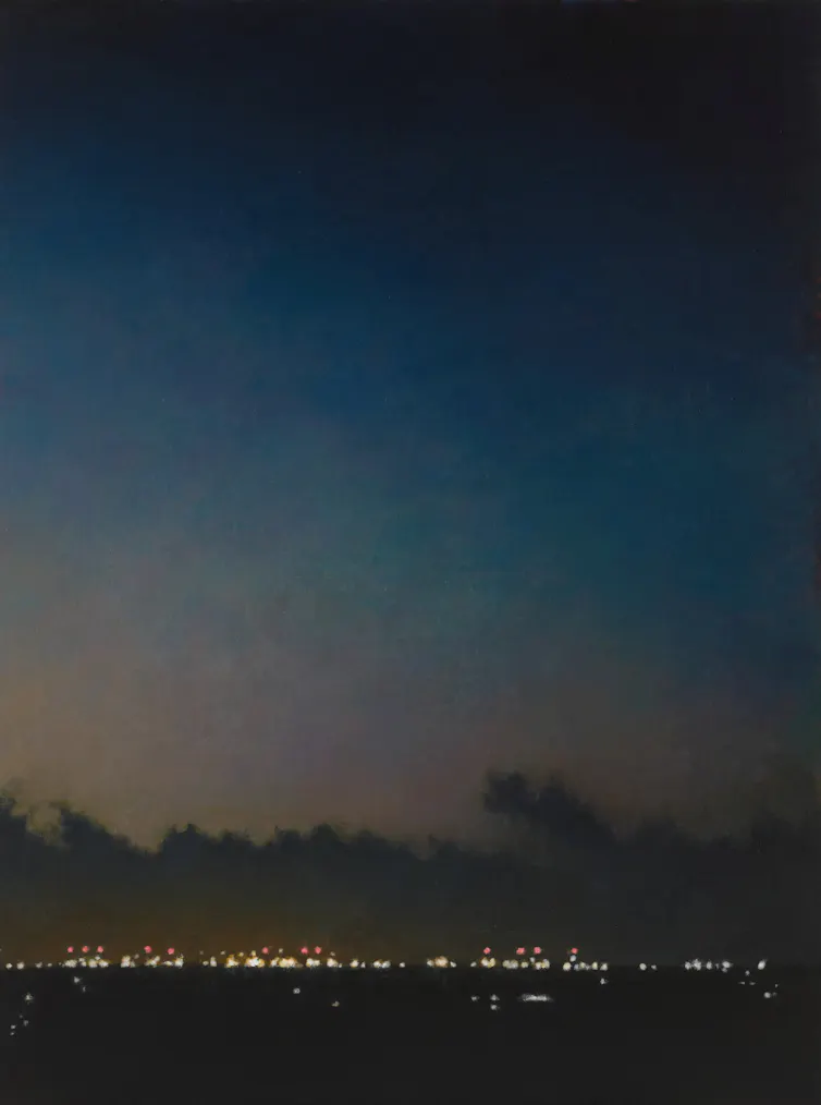 Painting of a large sky over a thin strip of lights.