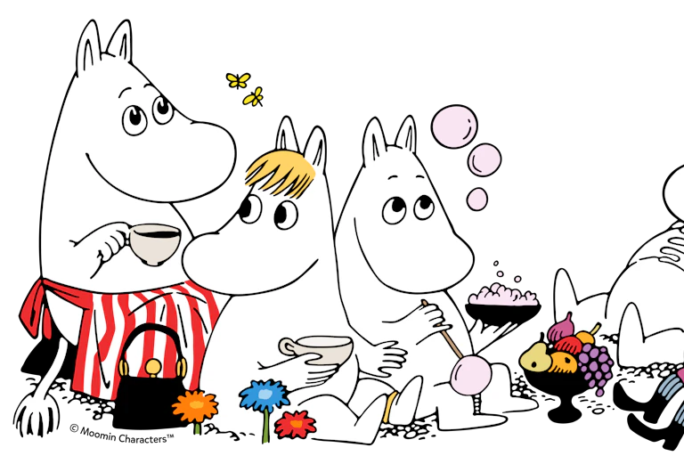 A group of Moomins, white, hippo-style charcters by Tove Jansson
