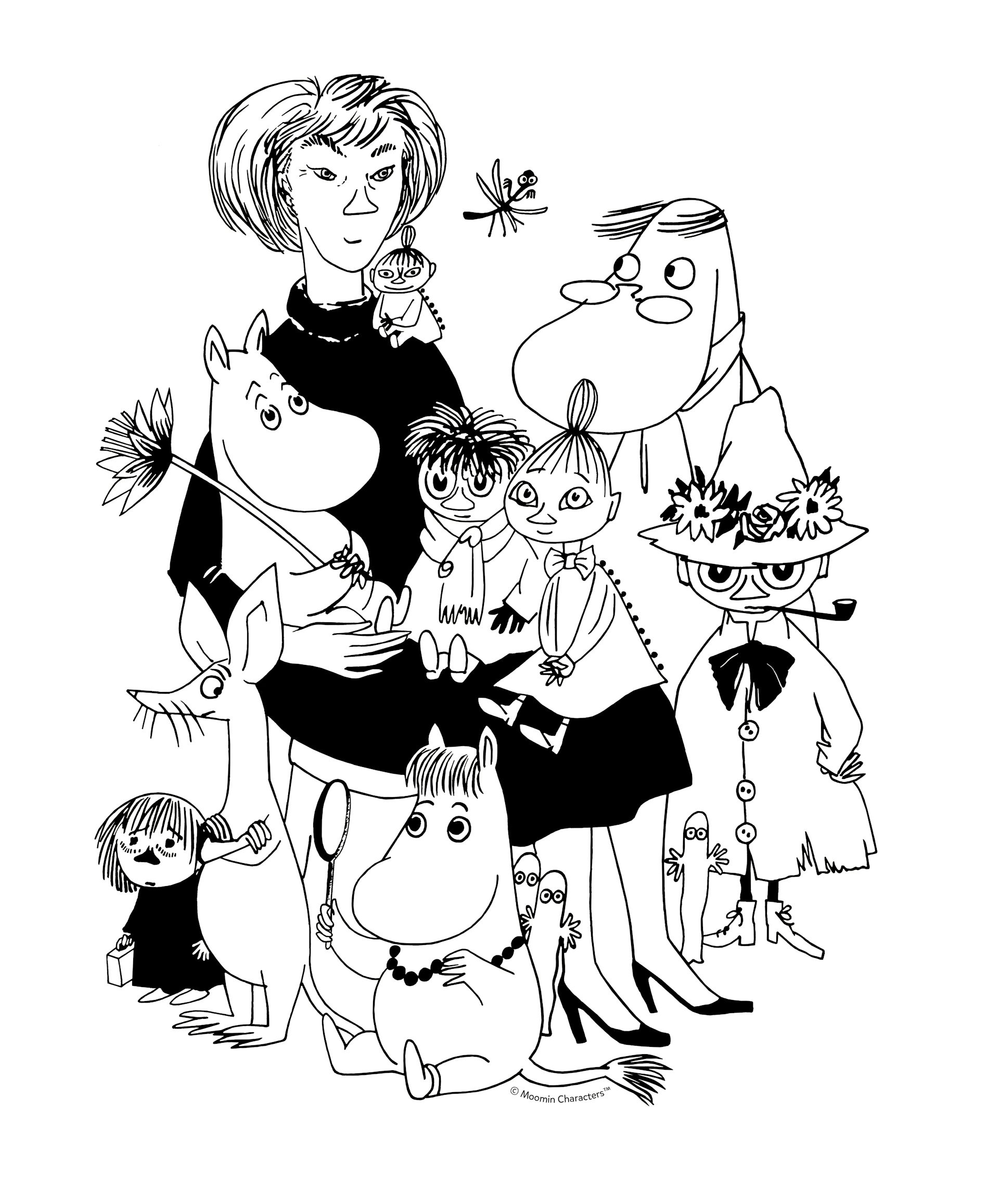 A black and white drawing of a woman with all the main Moomin characters.