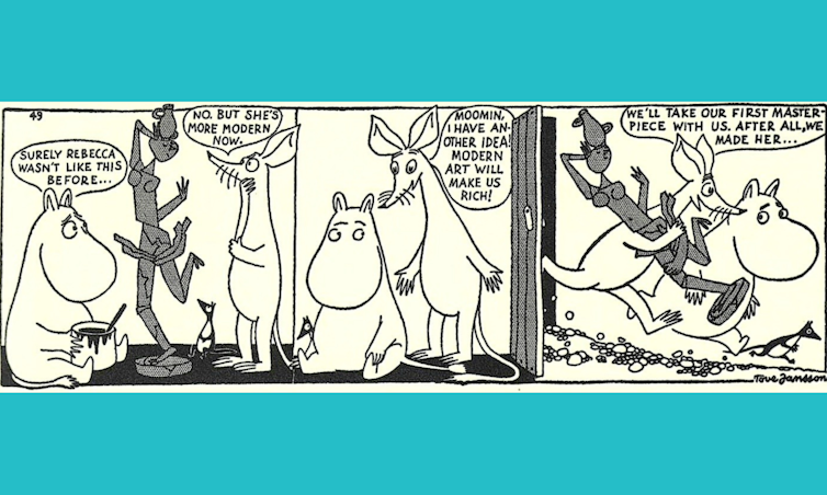 How Tove Jansson used her Moomins sketch to humorously critique the monetary and inventive pressures of being an artist 2 A panel from the comic Moomin and the Brigands from the Evening News where Moomin and Sniff realise they've created a new Rebecca at The Well.