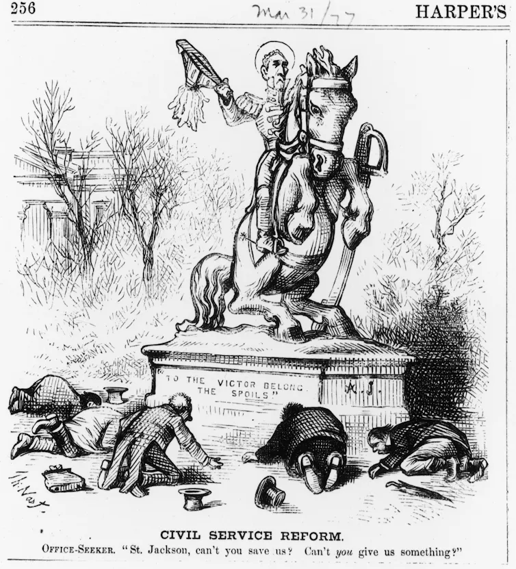 A black-and-white cartoon shows people lying down at the base of a statute of a man on a horse