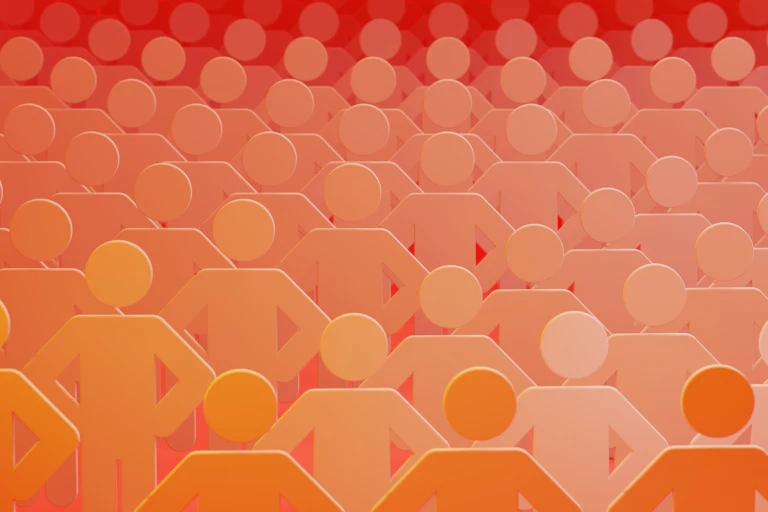 A graphic shows silhouettes of many people in shades of orange and red.