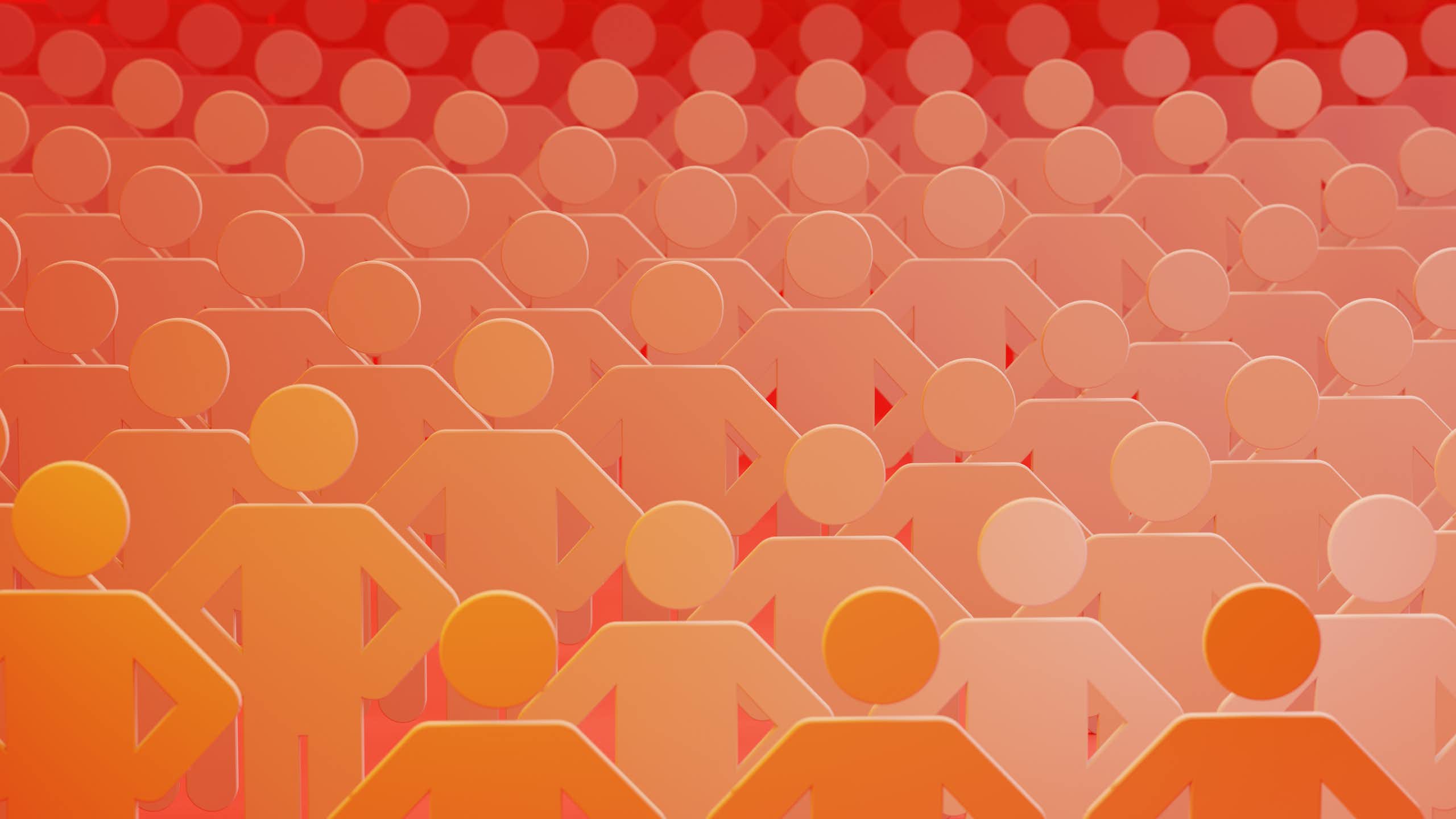 A graphic shows silhouettes of many people in shades of orange and red.