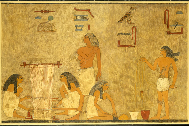 Scene of four weavers and an overseer, two figures are plying thread on the left, and two figures are working a ground loom on the right