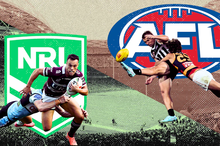 A digital image shows an NRL and AFL player being tackled