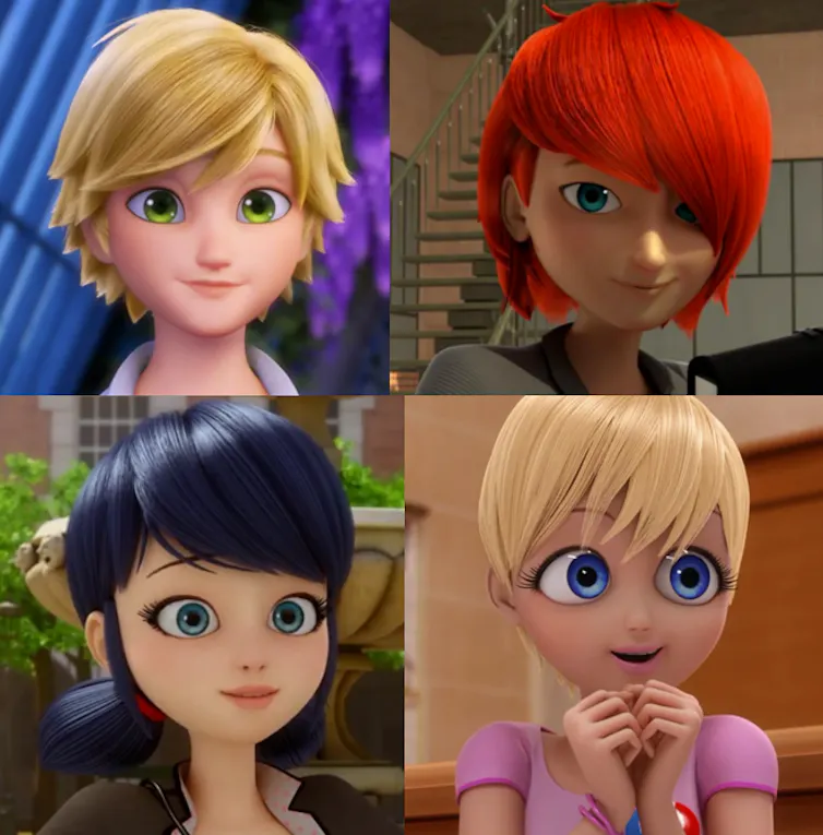 Two male cartoon characters with no eyelashes and two female cartoon characters with long, thick, dark eyelashes.